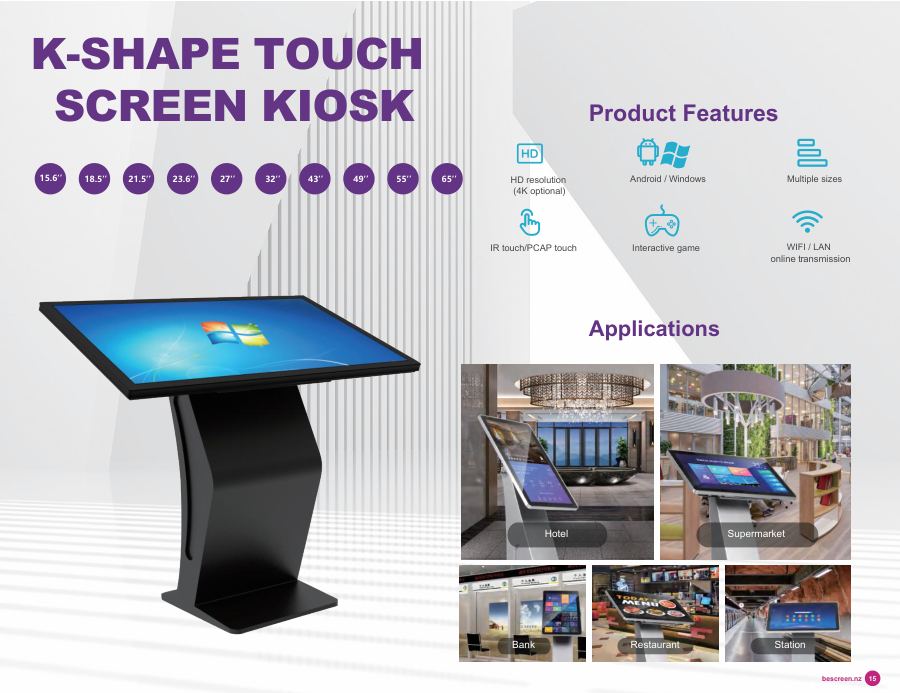 Page 15 of the Be Screen catalogue: K-shape touch screen kiosk